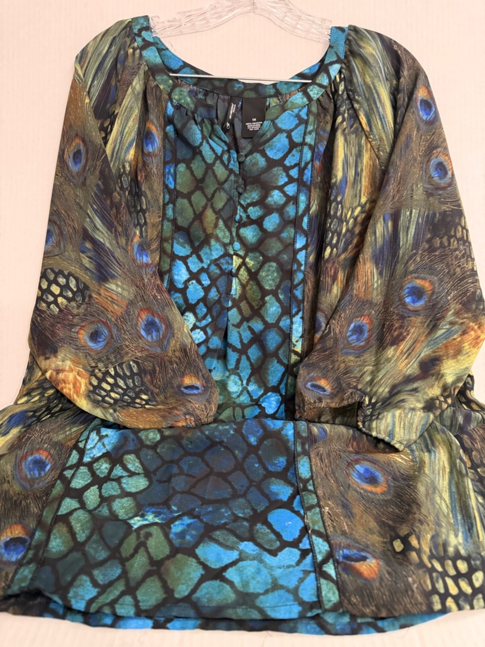 New Direction Peacock Print Blouse in Blue & Green